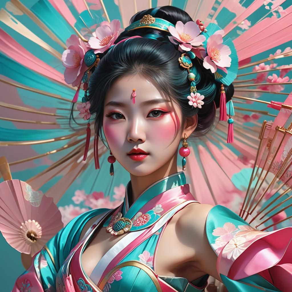 Korean Fan Dancer Portrait in Hyperdetailed Style