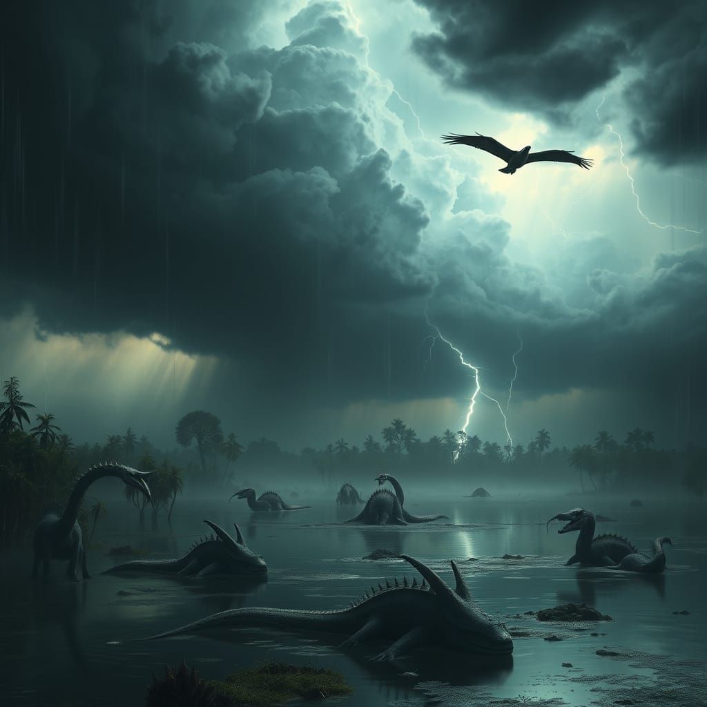 Pterodactyl Soaring Over Prehistoric Swamp in Paleoart Style
