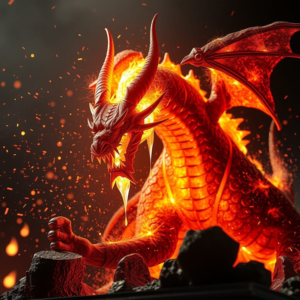 A dramatic scene of a dragon demon of molten metal and brigh...