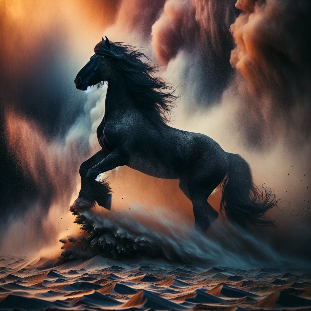 Majestic Black Horse in Raging Sandstorm