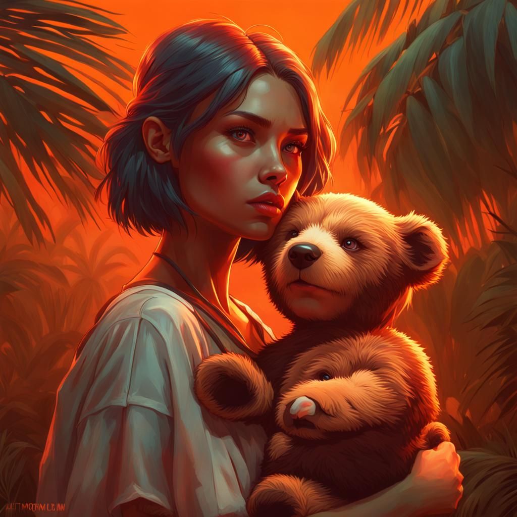 Girl with Teddy Bear: Horror Portrait in Orange Hues