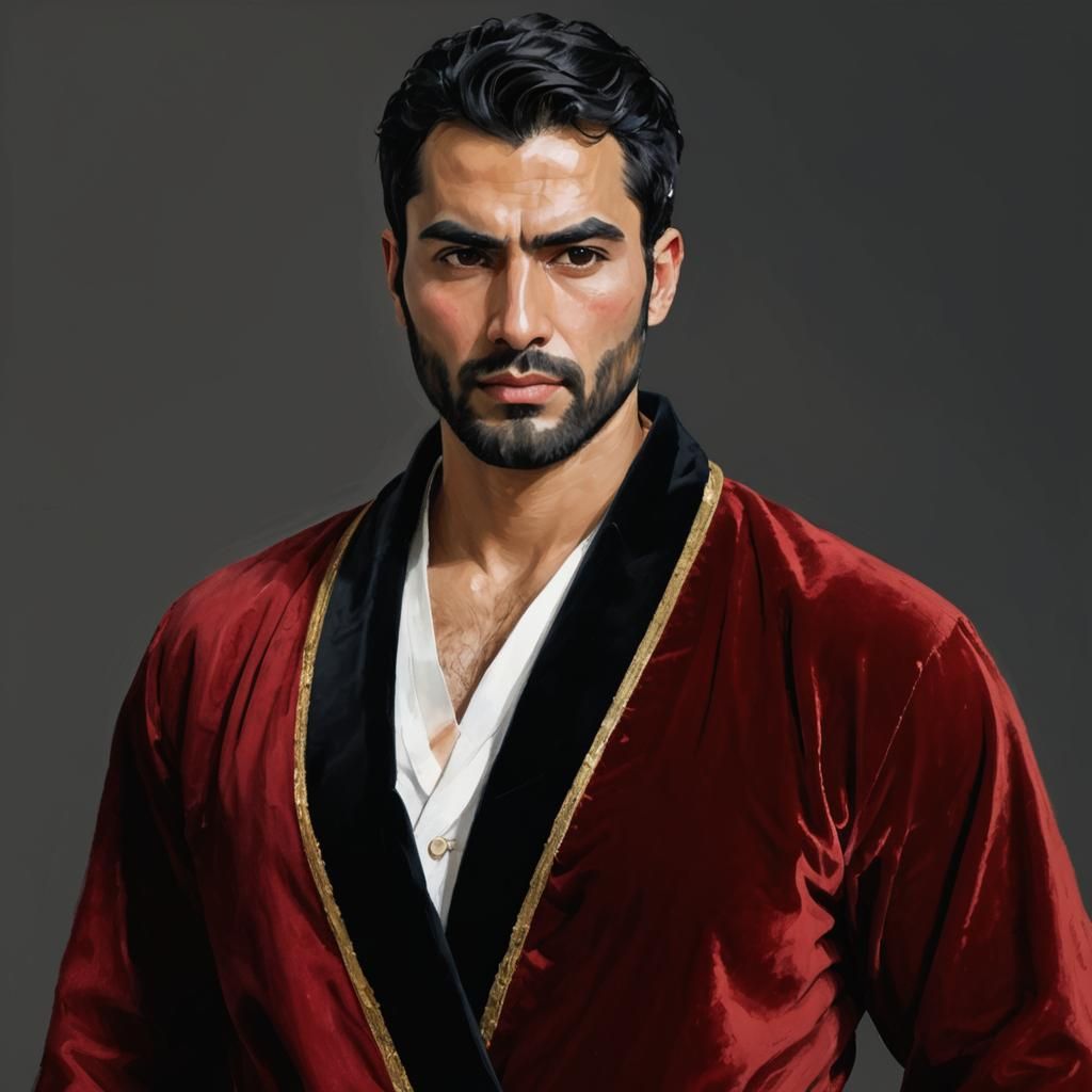 Handsome Man in Red Robe, Impasto Gouache Painting