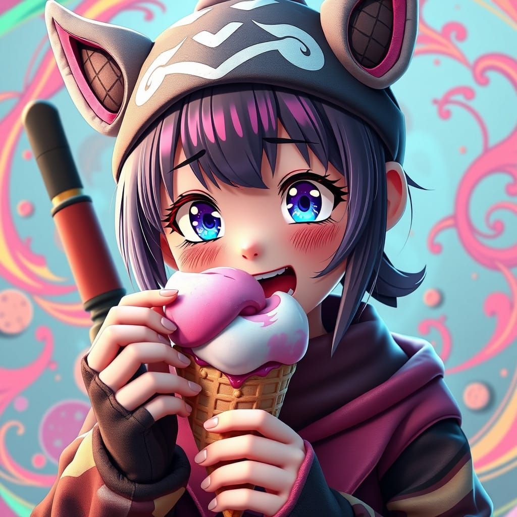 Sweet Ninja Girl Savors Colorful Ice Cream in Vibrant 3D Ani...