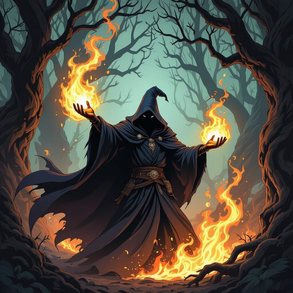 Dark Wizard Conjures Fire in Shadowed Forest, Comic Style