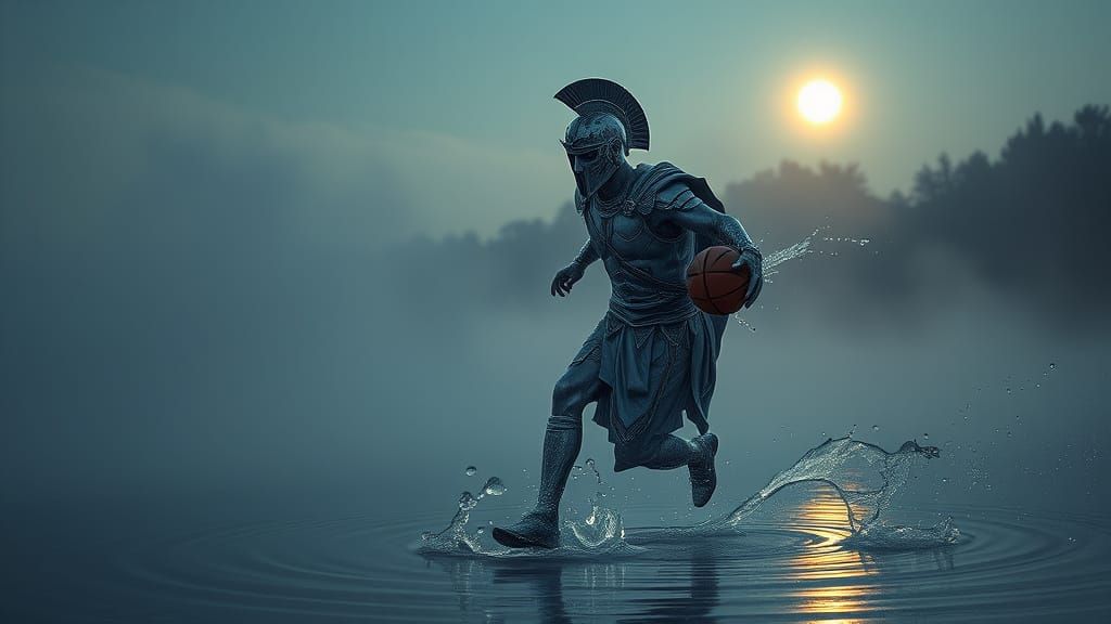 Ethereal Basketball Warrior in Shimmering Water Armor