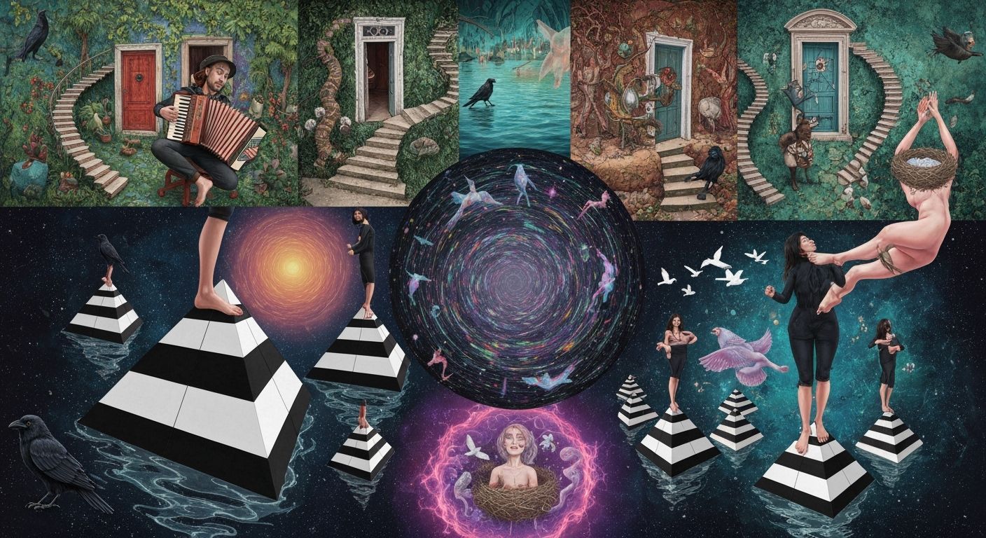 Surreal Dancer Among Pyramids in Dreamlike Utopia