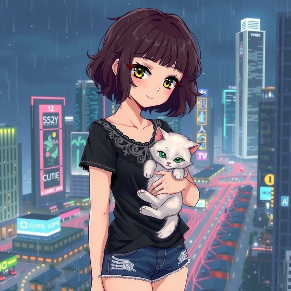 Gothic Emo Girl in Anime Style with Kitten
