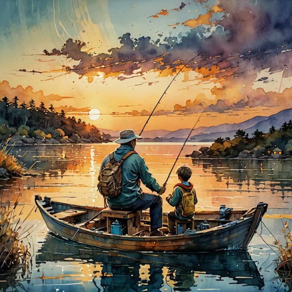 Father and Son Fishing: Digital Watercolor Summerscape