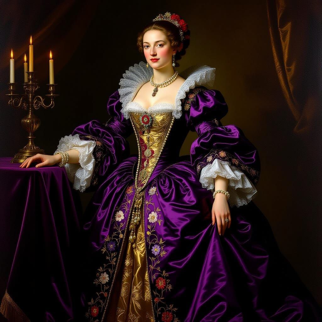 Baroque Noblewoman In Purple Gown By Candlelight
