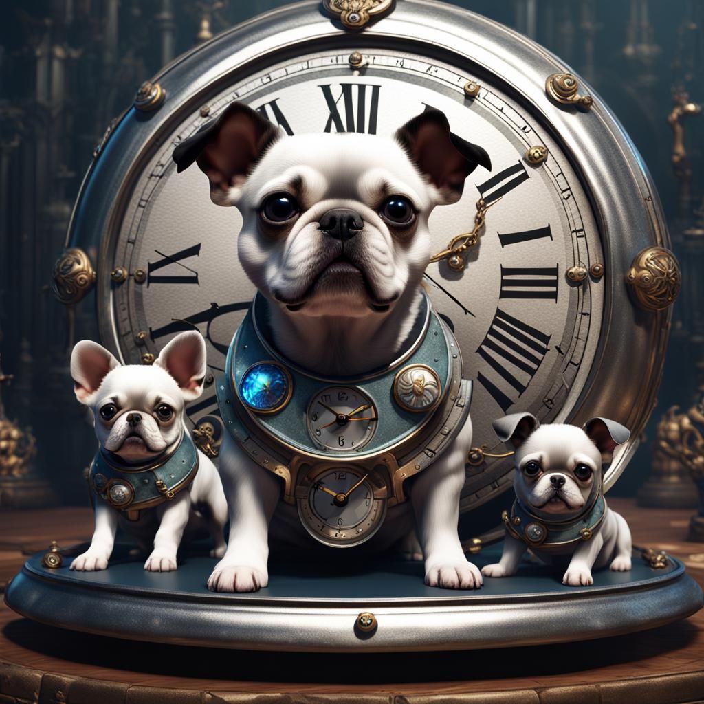 Three-Headed Dog Surrounded by Silver Clocks