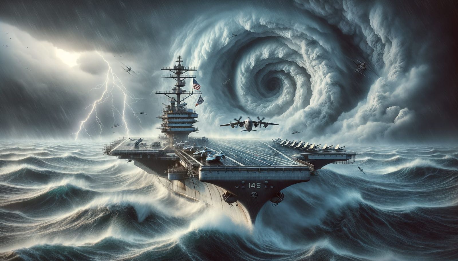 American Aircraft Carrier Battles Pacific Typhoon, 1945