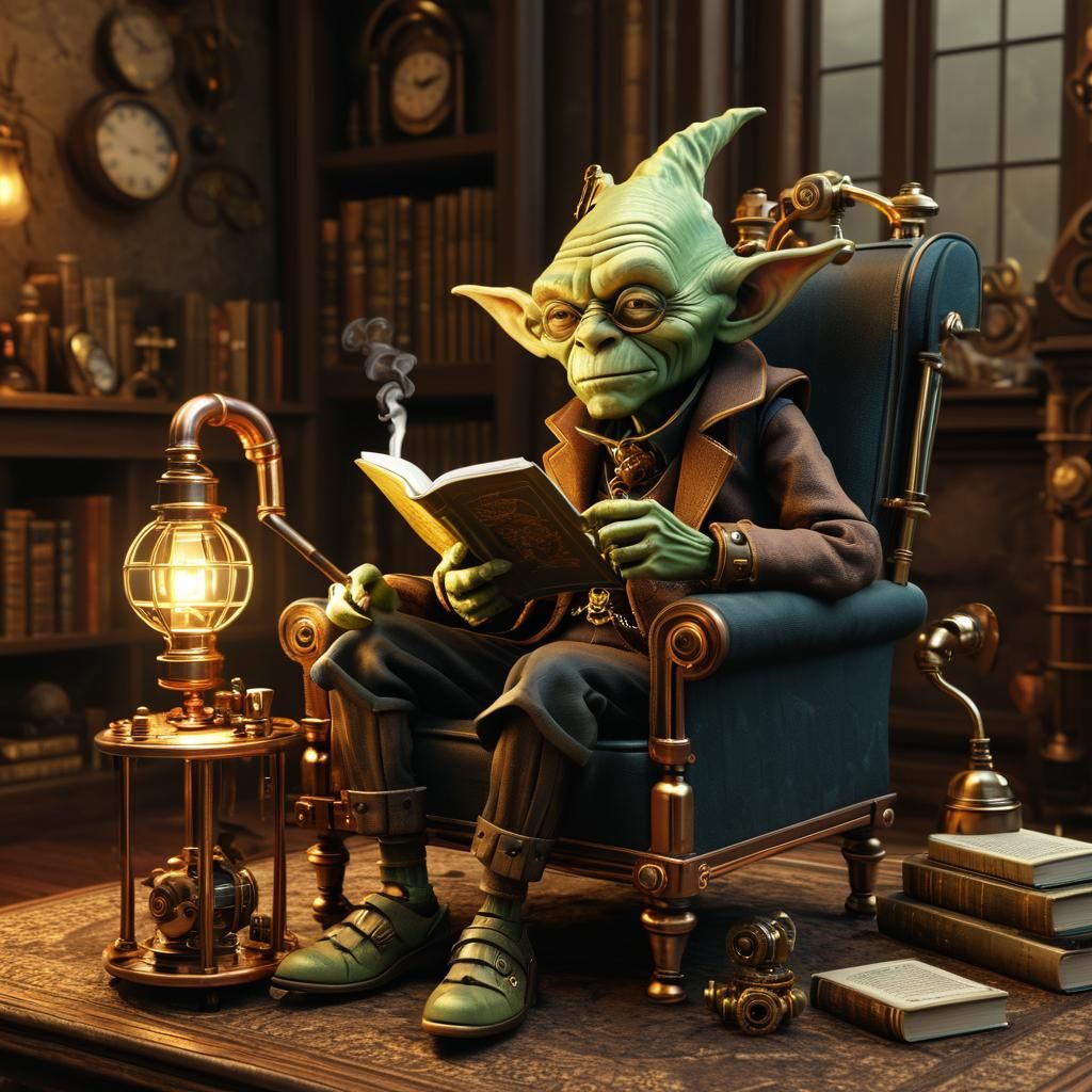 Goblin in Steampunk Study with Golden Lighting
