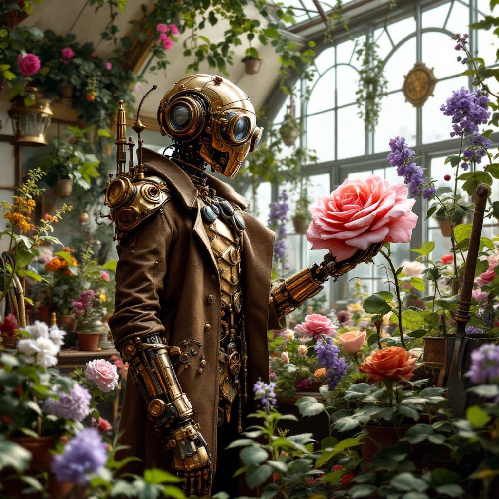 Steampunk Robot in Edwardian Greenhouse Admiring Rose