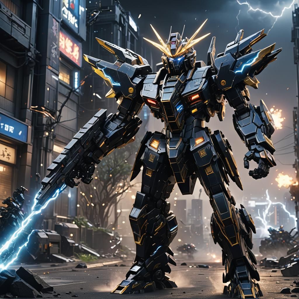 Black Gundam Kirin Mecha in Quantum City