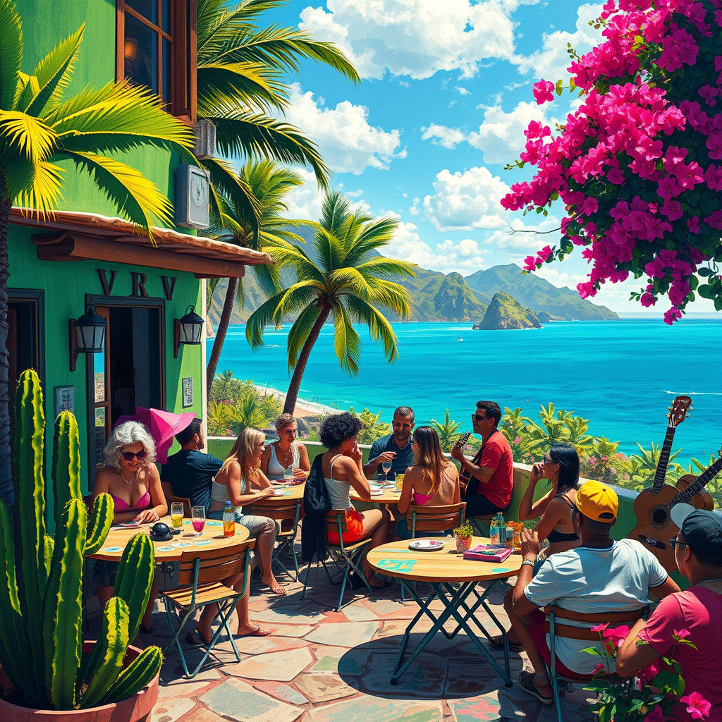 Vibrant Hostel Cafe Scene with Eclectic Partygoers