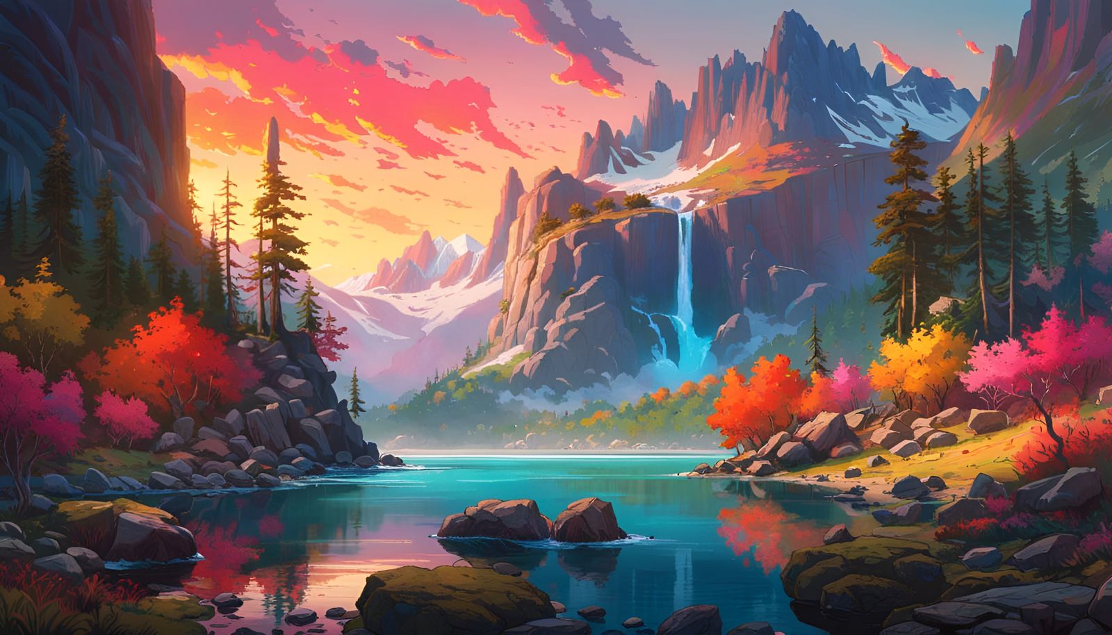 199-Rocky Mountain Lake scene at sunset with waterfalls -333...