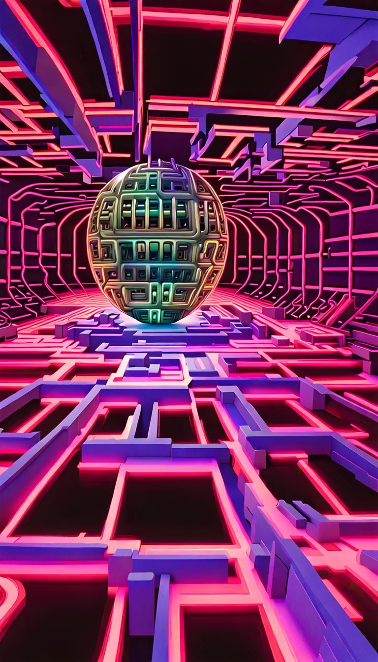 Glowing Neon Fractal Maze in Psychedelic Art Deco