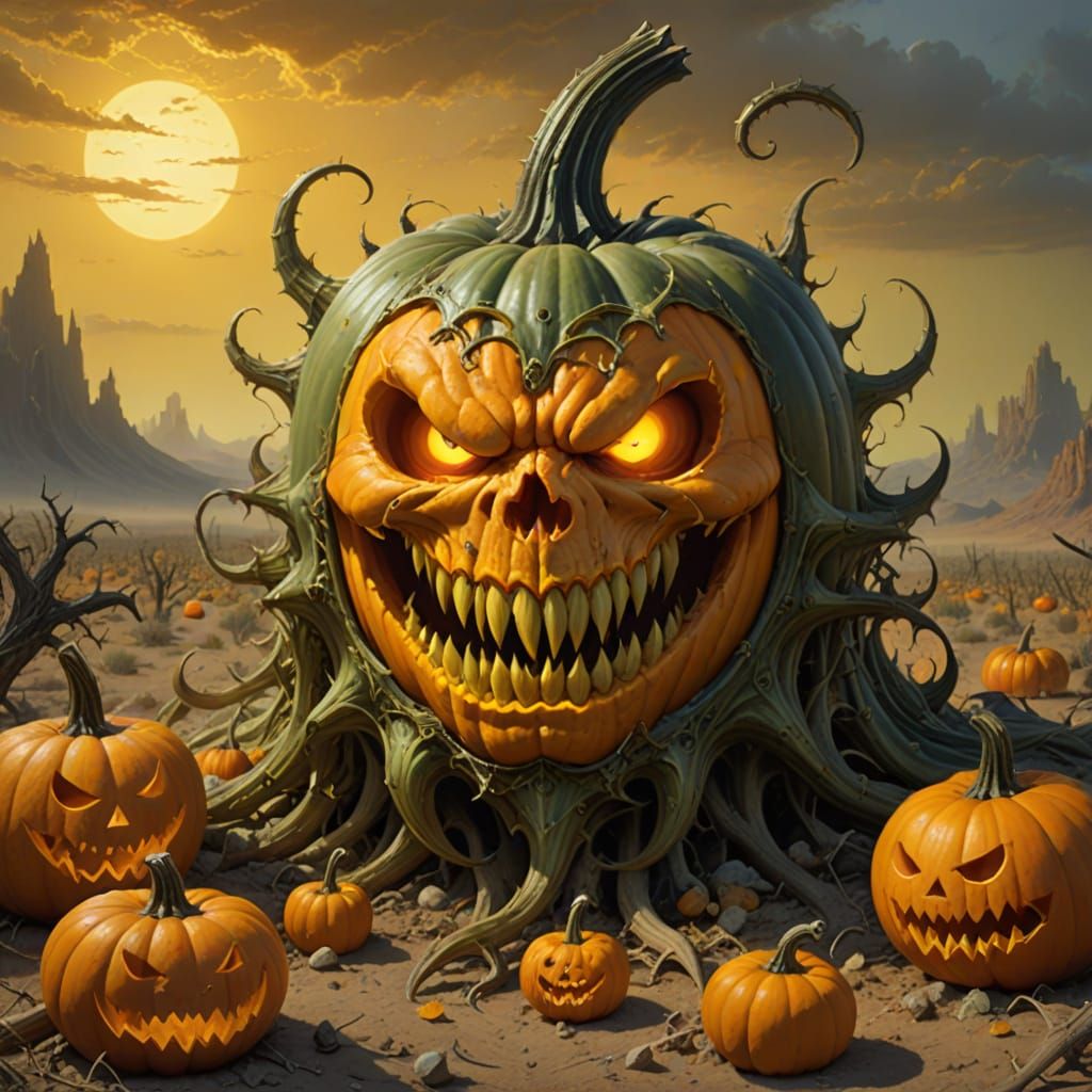 Grotesque Evil Pumpkin Monster in Desert Landscape