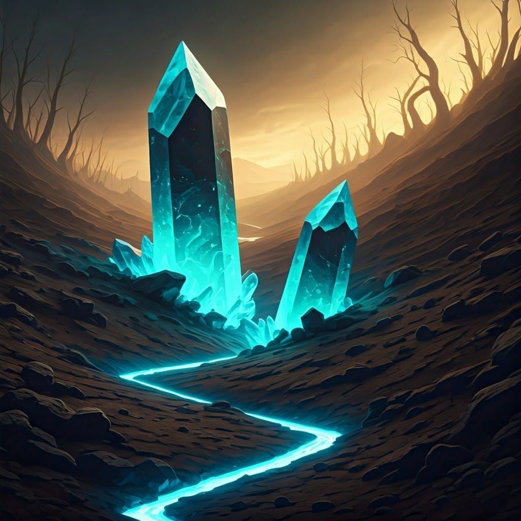 Cyan Crystal Blocks in Barren Landscape
