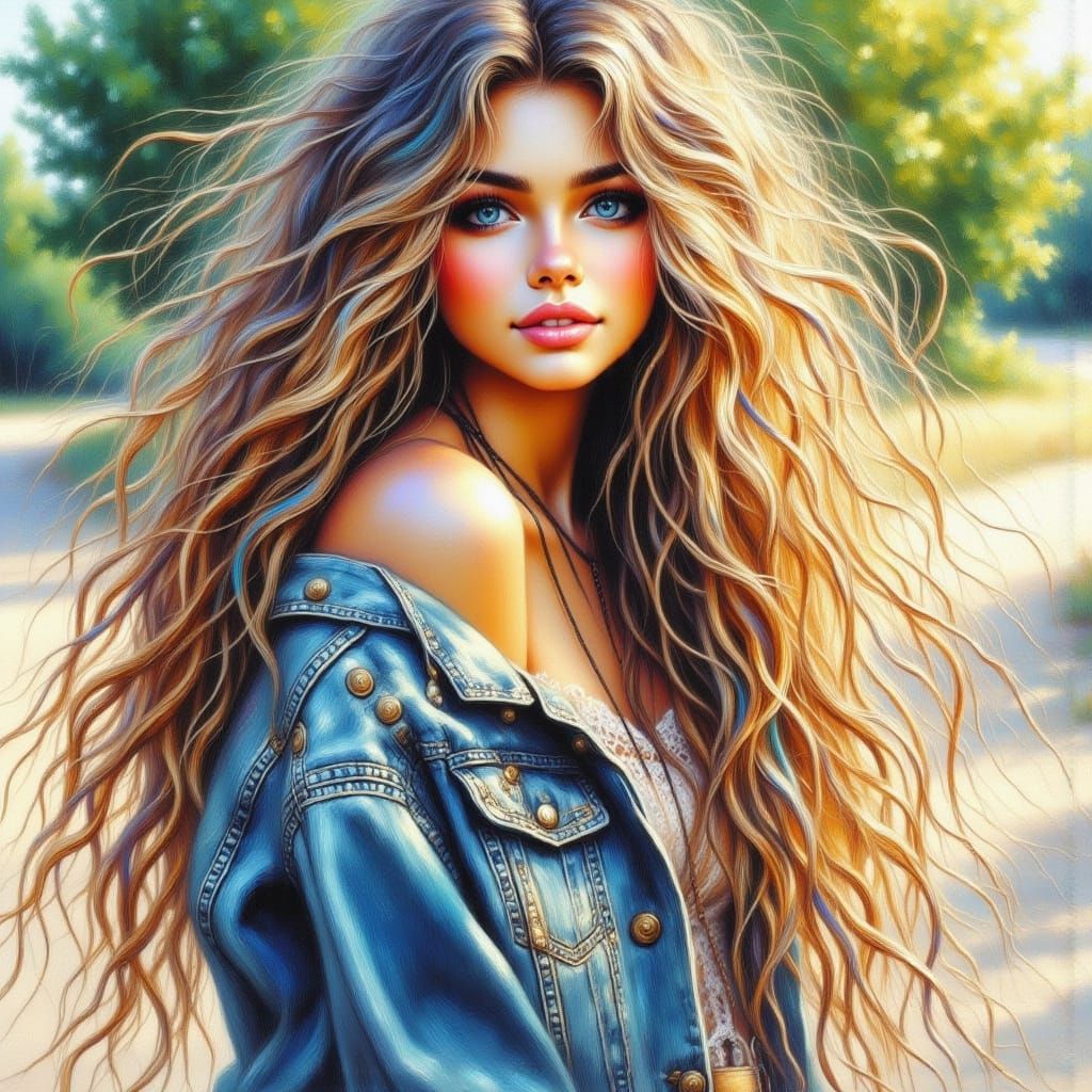 Joyful Young Woman with Blue Eyes Holding Pinecone, Watercol...