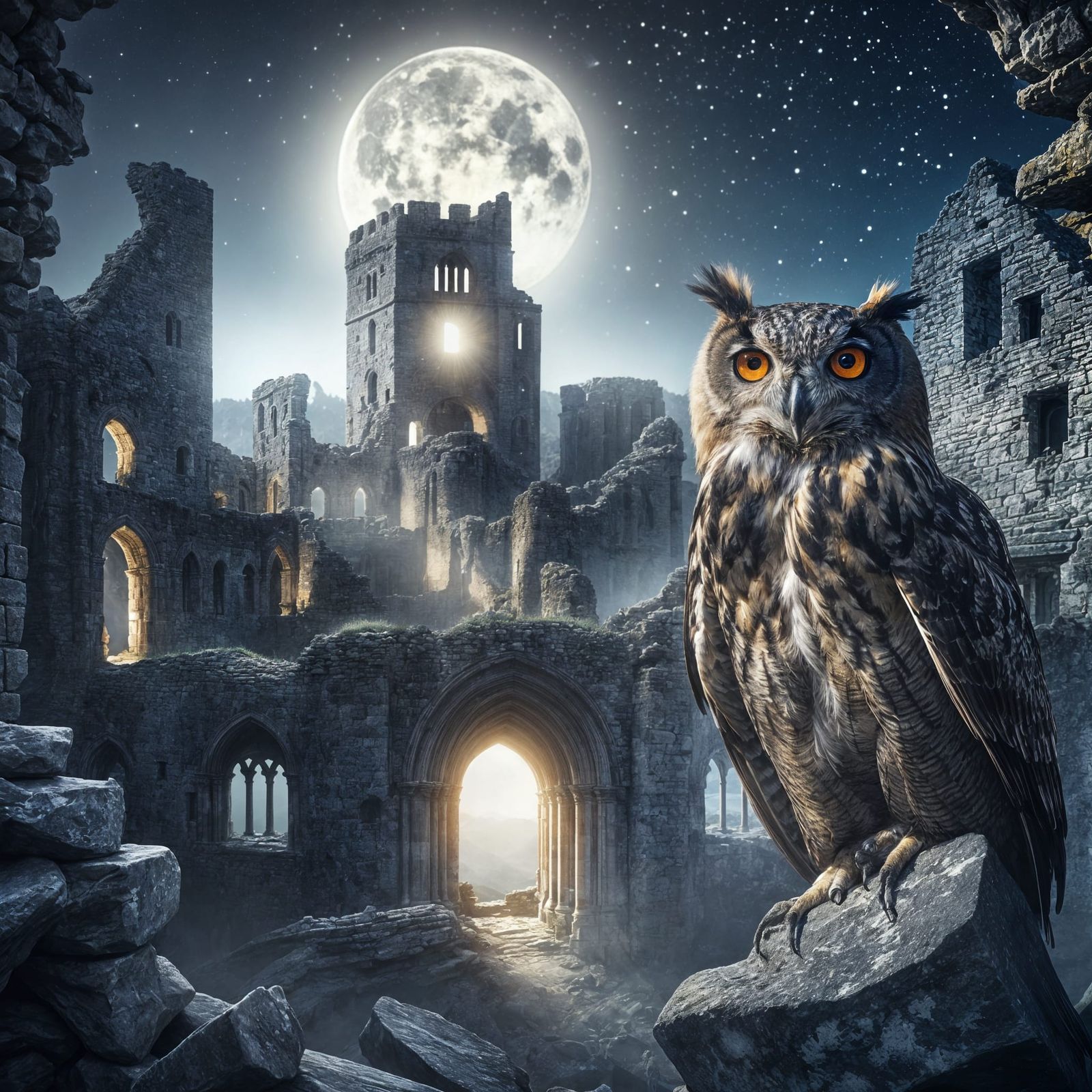 Majestic Owl on Ancient Castle Tower in Moonlight