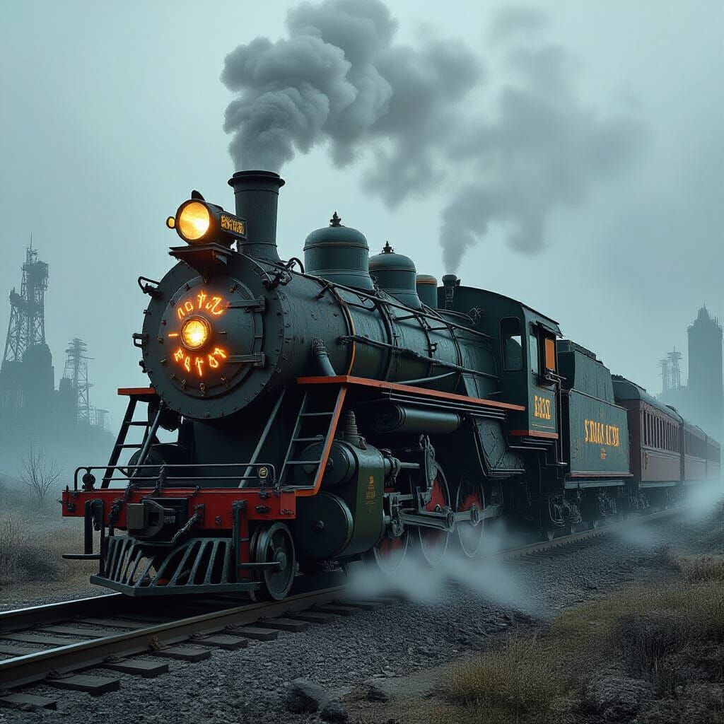 Mystical Steam Train in Post-Apocalyptic Landscape