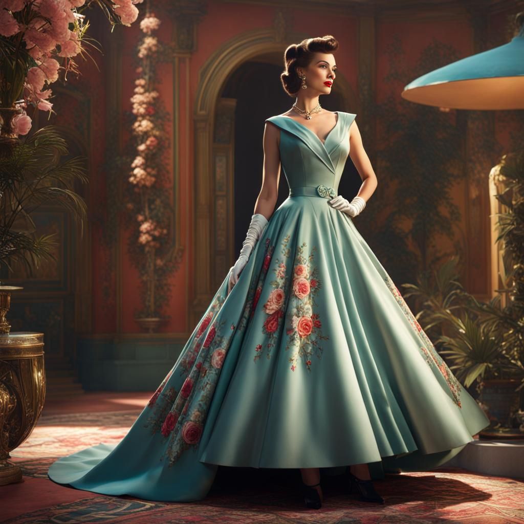 Elegant 1950s Fashion Illustration in Detailed Matte Paintin...