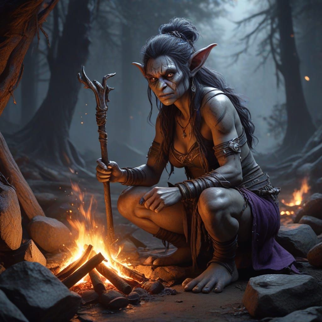 Foul Goblin Witch by Campfire in Dark Fantasy Art