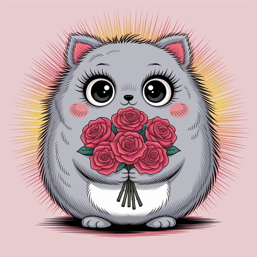 Whimsical Gray Creature with Roses in Hand-Drawn Style