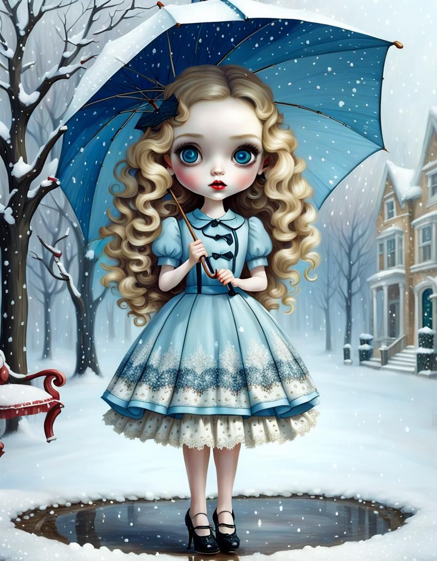 Girl with Umbrella in Winter, Surreal Pop Art