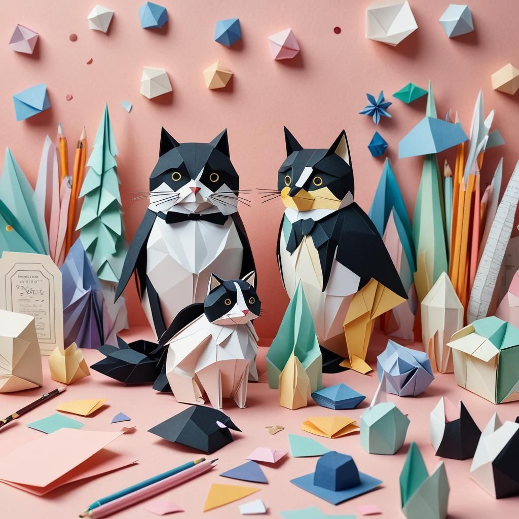 Whimsical Papercraft: Cat and Penguin on Desk