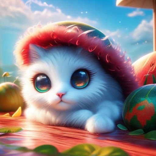 Cat on Watermelon Float in Sunlight: Digital Art