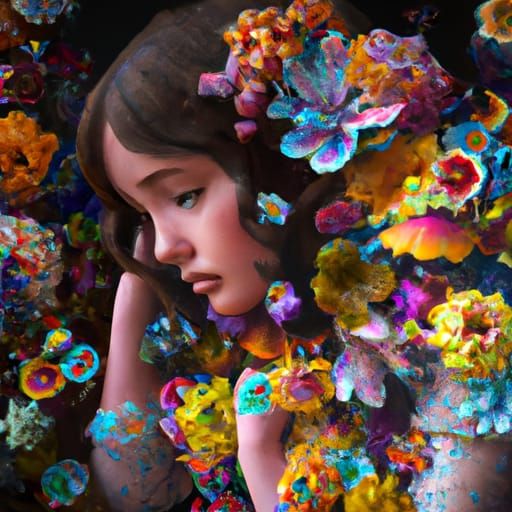Sad Woman Covered in Flowers: Fantasy Concept Art