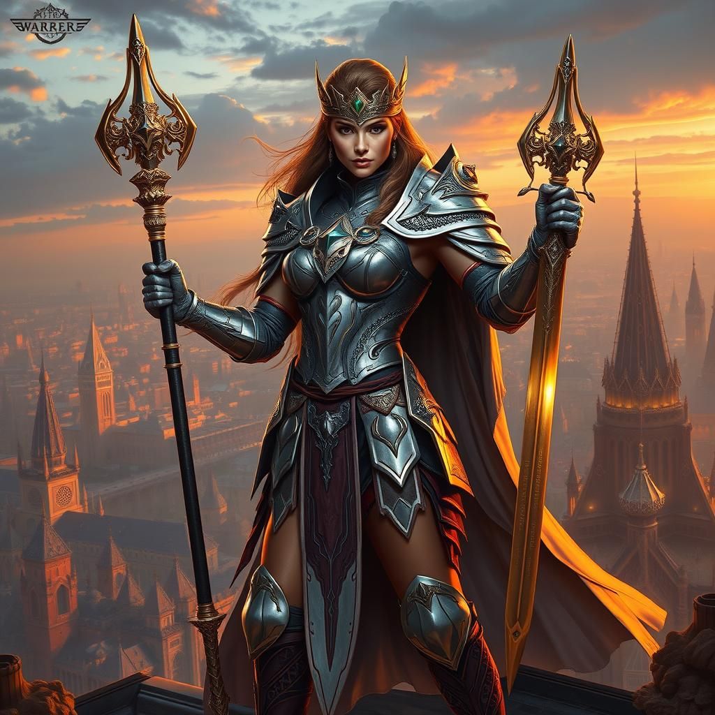 Regal Woman Warrior in Cityscape, Surreal Digital Art