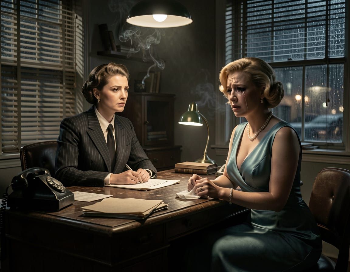 1940s Noir Detective Office Scene with Femme Fatale