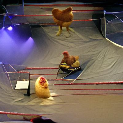 Humorous Chicken Wrestling Match in Boxing Ring