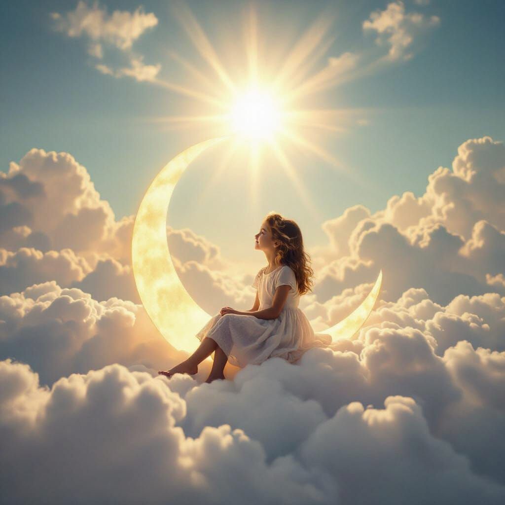 Girl on Crescent Moon Amidst Fluffy Clouds with Divine Sunsh...