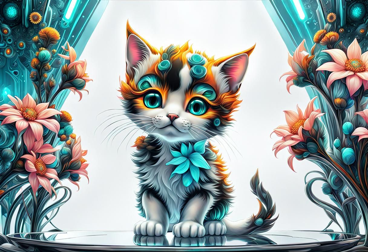 Cyberpunk Blown Glass Kitten with Floral Design