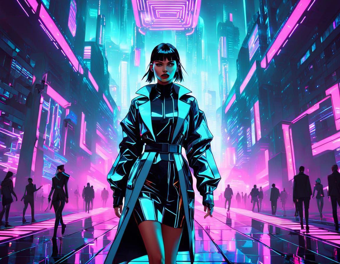 Sleek Fashion Model Walks Down a Neon-Lit Runway in Holograp...