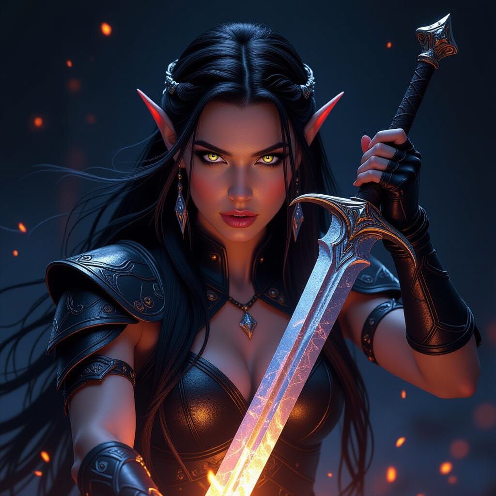 Elven Warrior Draws Crystal Sword: Photorealistic Splash Art