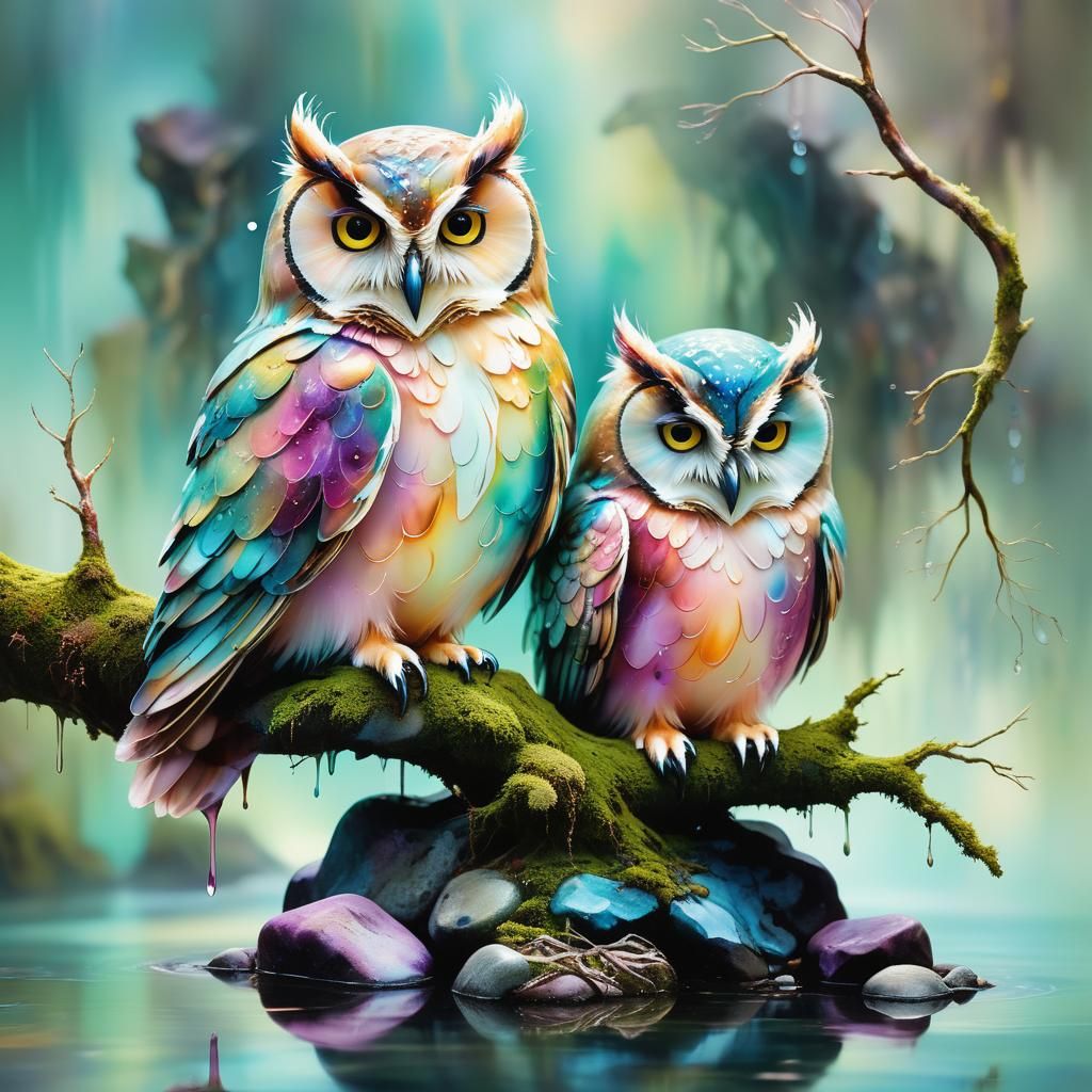 Owls in Creek, Glossy Alcohol Ink with Metallic Accents