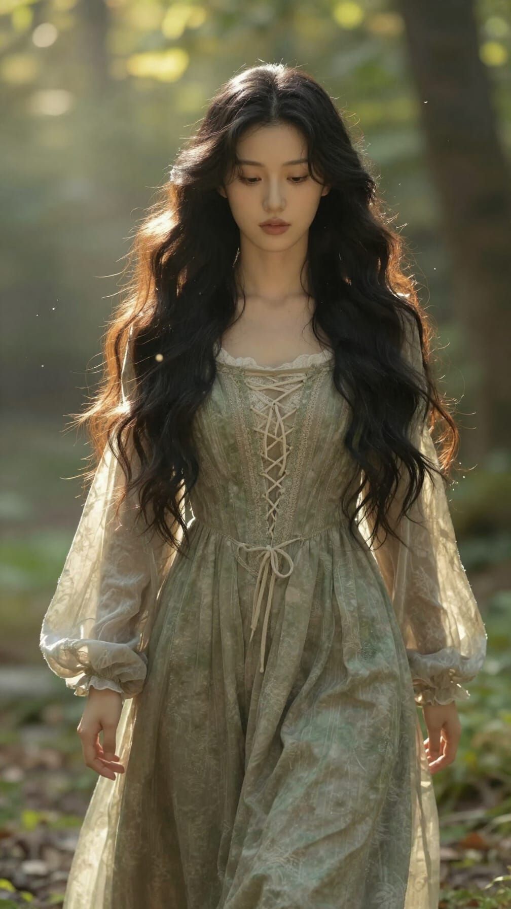 Fantasy Woman in Sunlit Forest Clearing