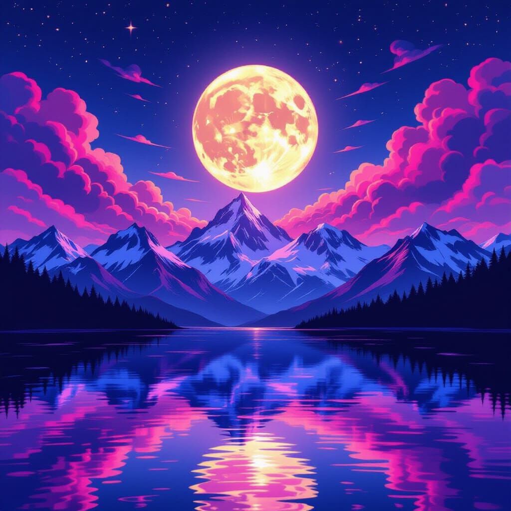 Vibrant Graffiti Art of Mountain Night Scene with Moon Refle...