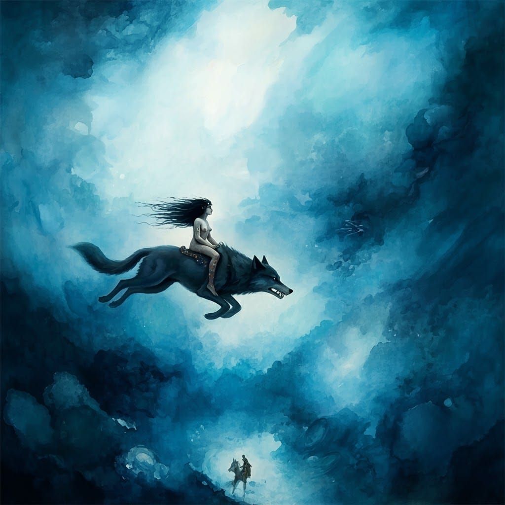 Baroque Watercolor: Valkyrie Shaman Rides Flying Wolf