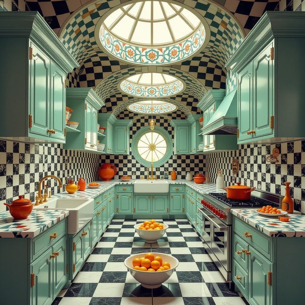 Hyperbolic Kitchen in Escher-Inspired Surrealism
