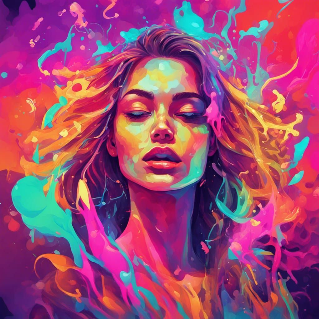 Hallucinating Woman in Neon Cartoon Style