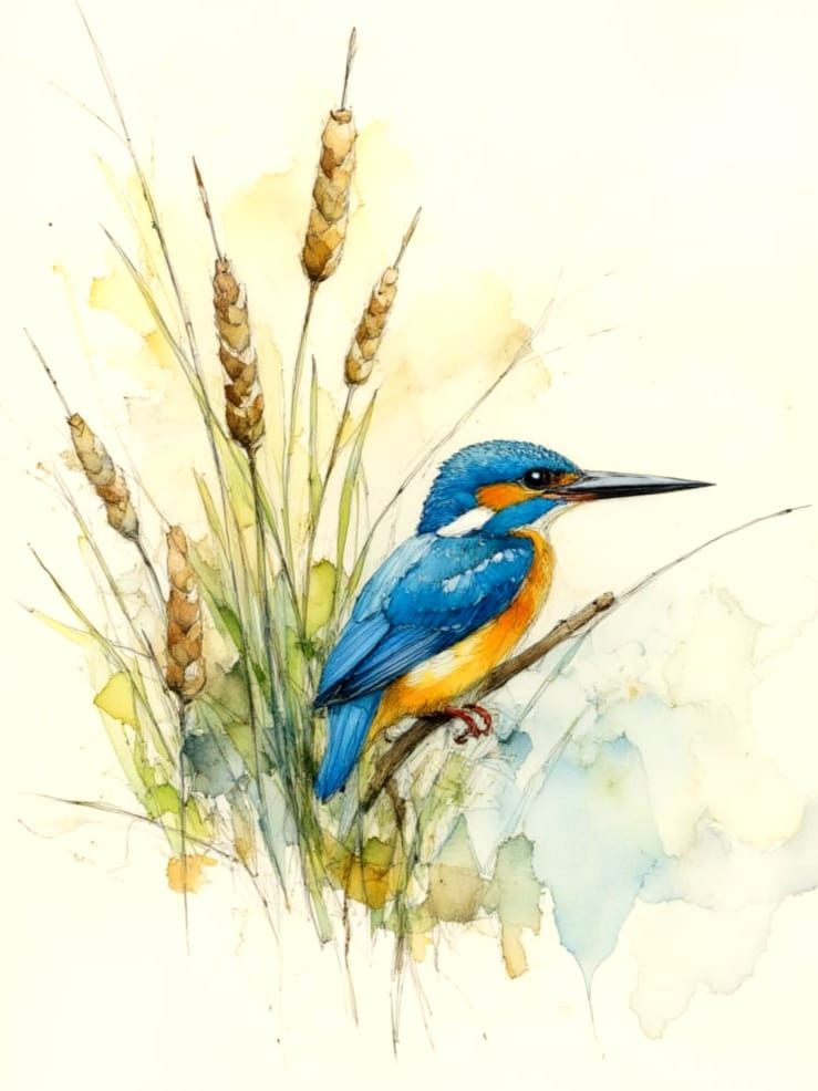 Kingfisher in Watercolor Wash and Pencil Sketch