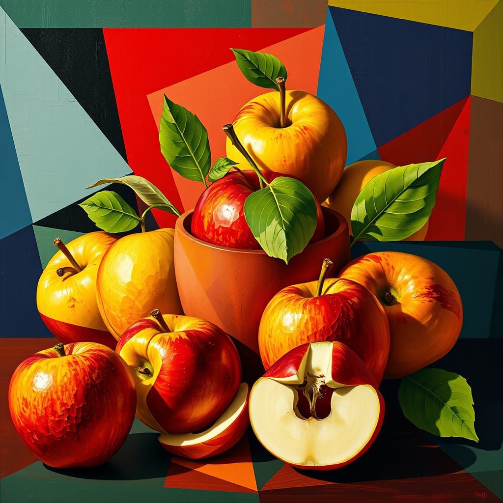 Geometric Cubist Still Life of Apples in Art Deco Style