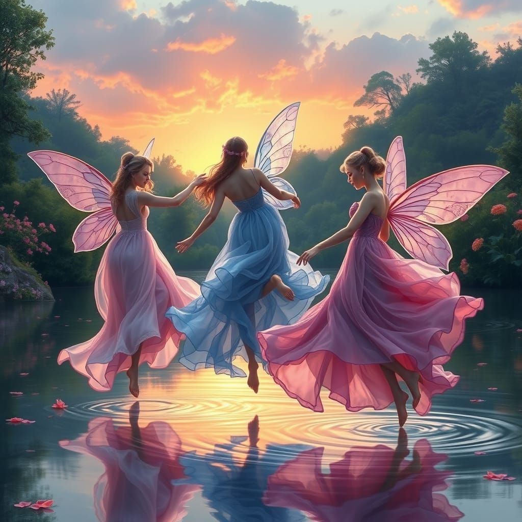 Fairies Dancing on Lake at Sunset, Hyperrealistic Style