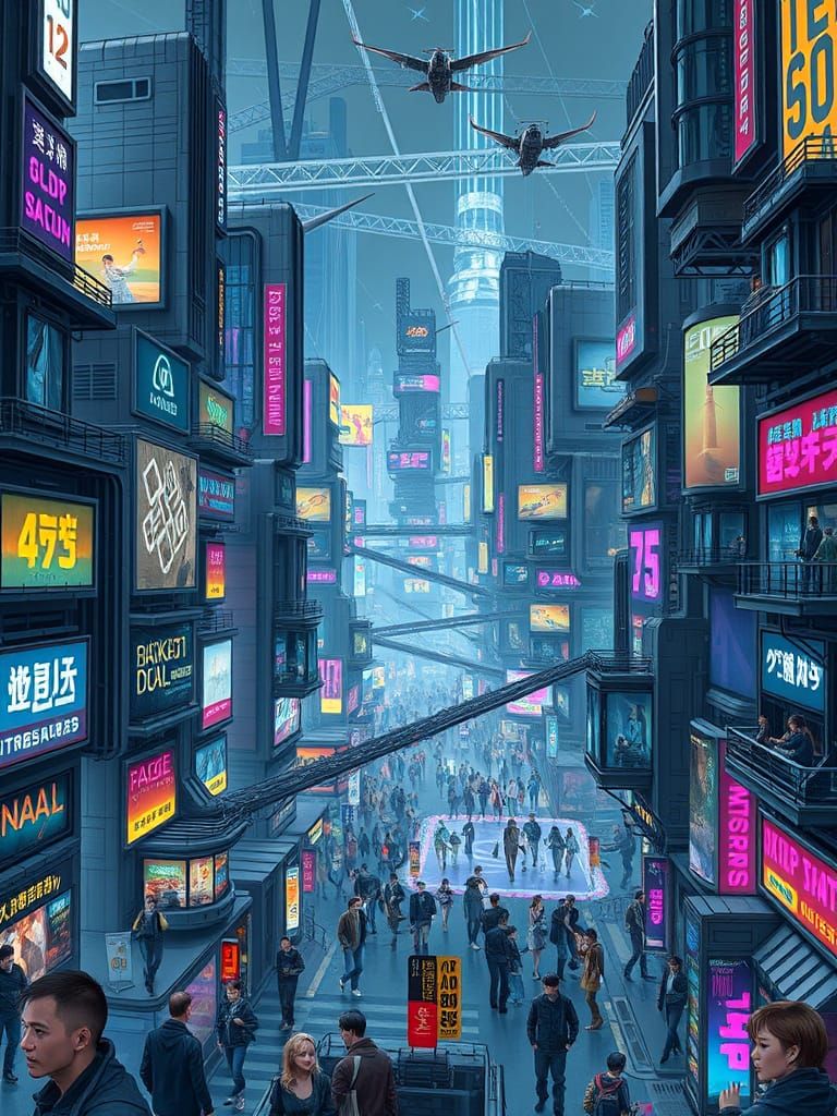 Cyberpunk Cityscape with Geometric Futurism